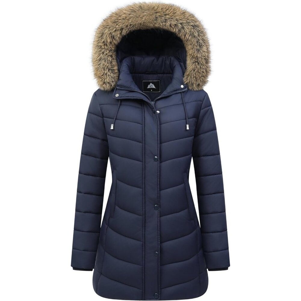 Women's Navy Puffer Hooded Jacket Coat Winter Warm Fleece Lined Detachable